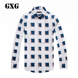 GXG男装 春季热卖 男士修身款白色英伦方块印花长袖衬衫#53203152
