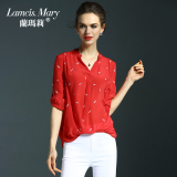 兰玛莉2016春装新款欧洲站桑蚕丝上衣女长袖重磅宽松红色真丝衬衫