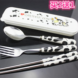 韩国创意叉子不锈钢勺子三件套装学生可爱卡通旅游筷子便携餐具盒