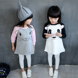 2015季冬新款女童韩版中长款加绒长袖连衣裙卡通可爱卫衣打底裙