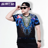 韩版潮流大码男装加肥加大V领3D数码印花短袖t恤个性胖子大号半袖