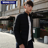 WOOG2005男士韩版立领棉衣2015冬装新款拼接修身潮男黑色棉服外套