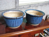 【旧件】传统老石湾陶瓷旧花盆古玩收藏品八十年代蓝均釉圆盆一对