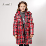 安奈儿女童装冬季款 正品 中大童红色格子长款羽绒服AG345559