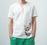 沭朴原创夏季男士棉麻T恤修身水墨画中国风印花文艺复古短袖T恤