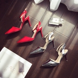韩版时尚女士凉鞋性感漆皮镂空一字搭扣尖头浅口高跟鞋子红色银色