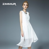 ZIMMUR2016夏季新款女装圆领无袖欧美时尚不规则中长款丝麻连衣裙