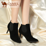 骆驼正品牌真皮靴子绒面女鞋黑色深蓝色裸靴单靴细跟高跟短靴女靴