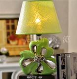 绿银色花朵陶瓷底座台灯 欧式创意时尚可爱卧室床头护眼学习婚庆