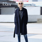Amii女装旗舰店2016冬季新款中长款外套翻领全羊毛配腰带毛呢大衣