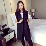 大码风衣无袖2016韩版休闲黑色木耳边显瘦女士西装外套中长款马甲