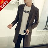 秋季青年男士韩版长袖衬衫棉麻休闲中长款长袖衬衫纯色男披风外套