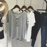 韩国东大门2016夏季新款莫尔代棉v领短袖T恤女显瘦百搭打底衫上衣