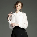 2015春女式韩版长袖欧根纱衬衫蝴蝶结衣领修身显瘦纯色灯笼袖衬衣
