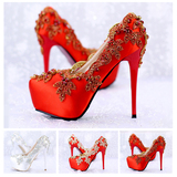 红色绸缎面新娘鞋14cm超高跟细跟水晶鞋水钻婚鞋防水台尖头女单鞋