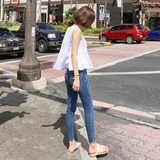 韩国夏季高腰弹力9分牛仔裤女修身显瘦撕边九分裤紧身铅笔小脚裤