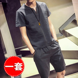 短袖男2016新款棉麻T恤韩版修身亚麻v领套装青少年夏季半袖两件套