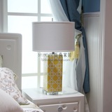 美式方形水晶台灯新中式黄色网格条纹陶瓷台灯样板房卧室床头客厅