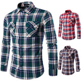 速卖通ebay春季新款 背后胶印衬衣 经典格子男士外贸休闲长袖衬衫
