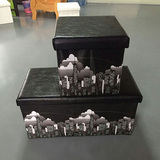后备箱复古做旧皮革长方形米字旗收纳凳子 储物箱换鞋凳折叠式