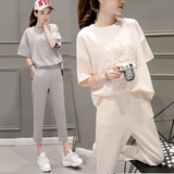 韩国2016新款夏装半袖宽松浮雕刻3D字母图案运动套装女装两件套潮