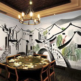 现代中式水墨画无缝壁画 个性创意酒楼饭馆咖啡厅背景墙纸壁纸
