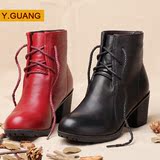 Y.Guang新款冬季女鞋真皮 短靴加绒保暖 英伦系带中跟妈妈女靴子