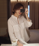 正品韩国代购2016春装新款韩版女装休闲口袋纯亚麻纯色长袖白衬衫