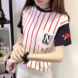 2016新款潮夏季短袖T恤女学生装韩版宽松圆领条纹体恤衫上衣女