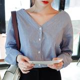 韩国代购2016新款宽松V领竖条纹衬衫休闲长袖衬衣女韩版
