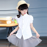 粉滴滴妮可贝贝夏季韩版新款短袖B类纯棉衬衣纯色儿童女女童衬衫