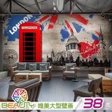 复古砖墙英伦风电话亭手绘无缝大型壁画酒吧咖啡餐厅墙纸沙发壁纸