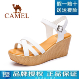 美国【Camel骆驼】正品牌真皮2016新款女鞋夏季简约厚底坡跟凉鞋