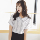 2016夏季韩版娃娃领竖条纹T恤夏季短袖打底女士印花上衣短款小衫