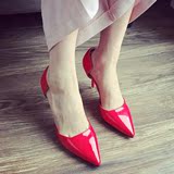 2016新款欧美时尚性感漆皮高跟鞋细跟浅口女单鞋大红色婚鞋伴娘鞋
