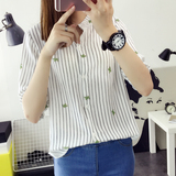 2016秋季夏装女装新款潮中袖衬衫女学生韩范韩版竖条纹衬衣五分袖
