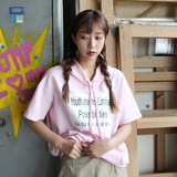 ifashionMISSQ新款韩版学生粉色夏季连帽字母短袖T恤上衣卫衣女潮
