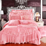 婚庆结婚床上用品韩式公主粉色贡缎提花四件套床品床罩床盖被套