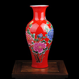 景德镇陶瓷器 中国红花开富贵描金牡丹花瓶 现代家饰摆件结婚礼品