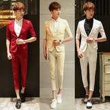 西服套装男夏季七分袖修身韩版青年英伦显瘦麻料二件套纯色职业装