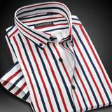夏季竖条纹衬衫男短袖青年修身款英伦潮流纯棉商务休闲男士衬衣服