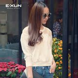 EXUN正品女装2016秋季专柜新款圆领宽松透视网纱拼接套头长袖卫衣
