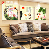 新中式客厅挂画沙发背景墙室内装饰画宜家三联现代家庭壁画九鱼图