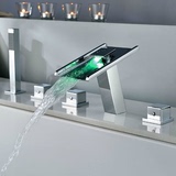 分体式浴缸五件套LED水龙头 全铜方形 个性冷热瀑布龙头