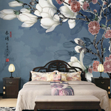 蕊西 现代中式花卉壁纸卧室客厅墙纸 手绘玉兰电视背景墙大型壁画