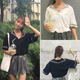 韩版夏季女装新款宽松海军领套头七分袖娃娃衫学生棉T恤上衣服潮t