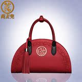 中国风复古刺绣花饺子包新娘结婚大红色单肩斜挎女包牛皮手提包包