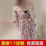 A 夏季女装2016新款韩版喇叭袖V领雪纺连衣裙印花中袖短裙女7322