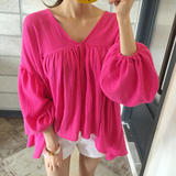 BG韩国代购女装正品2016夏季新款魅力洋气显白肤色桃粉灯笼袖衬衫