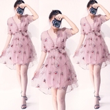 欧洲站2016夏装欧根纱女装V领两件套公主连衣裙系带粉色A字蓬蓬裙